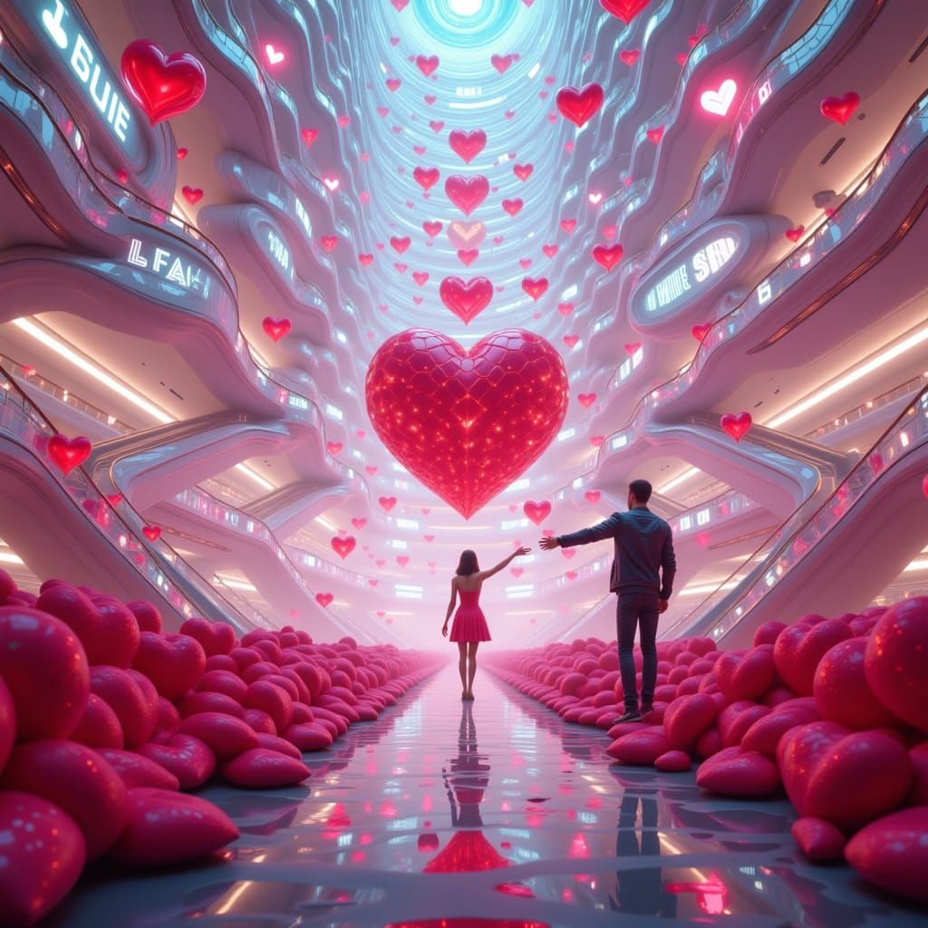 Futuristic Mall Overflowing with Heart Plushies