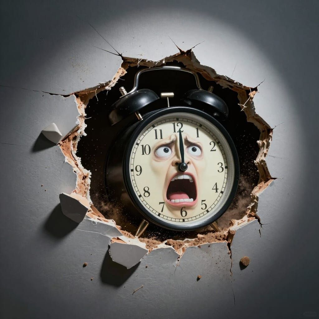 Alarm Clock Breaks Wall in Absurd Meme Art