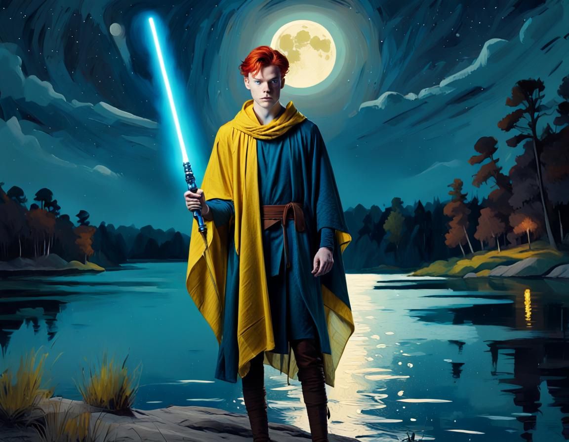 Redhead Jedi with Lightsaber in Abstract Expressionism