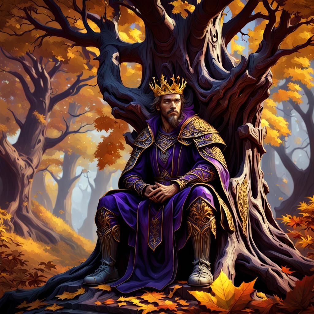 Young King on Autumn Tree Throne: Dark Fantasy Art