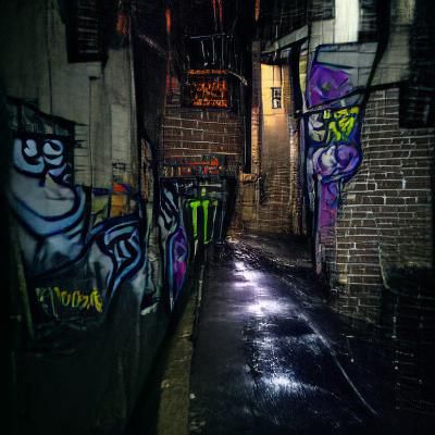 Graffiti-Covered Dark Alleyway Urban Scene