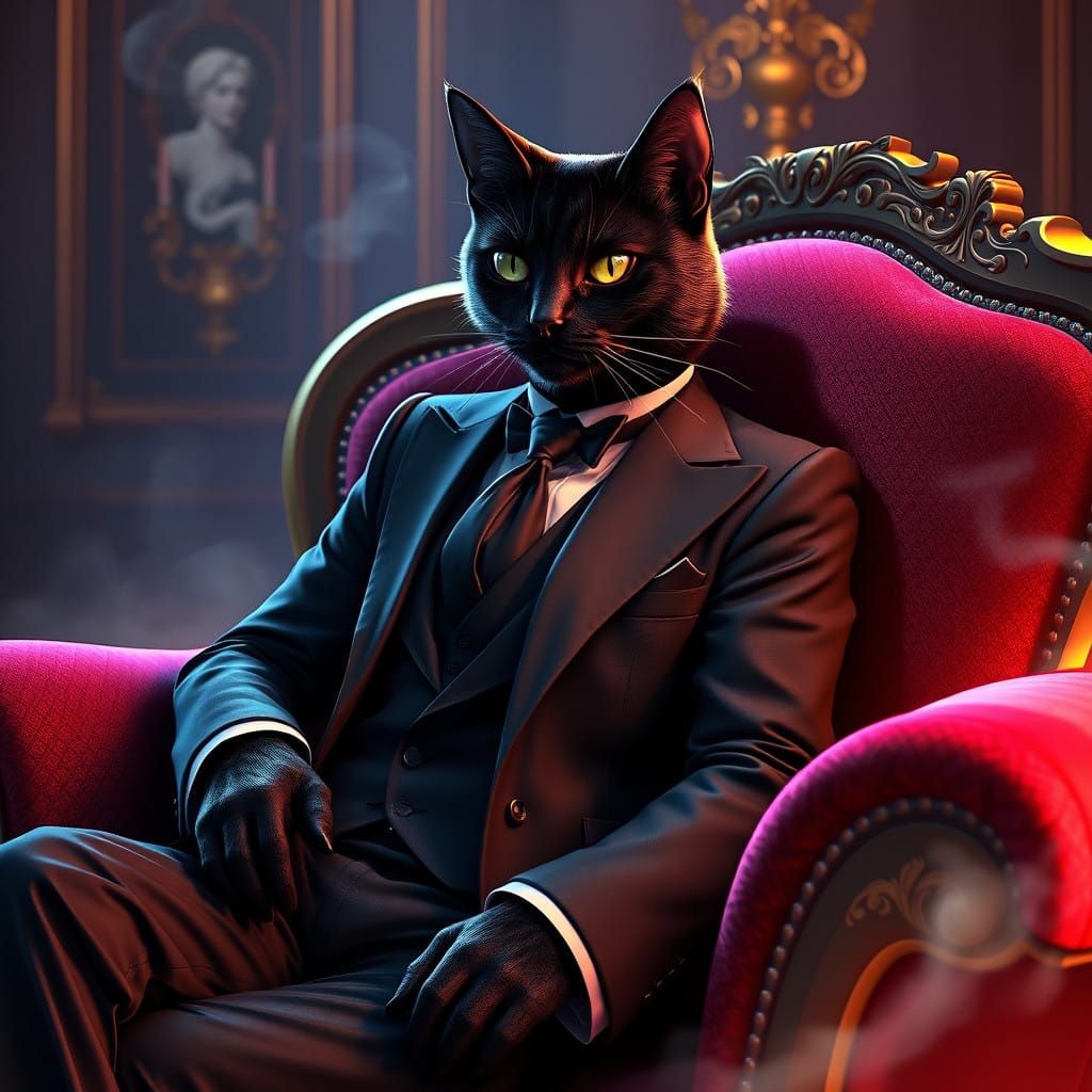 Sleek Feline Crime Lord in Luxurious Anime-Inspired Lair