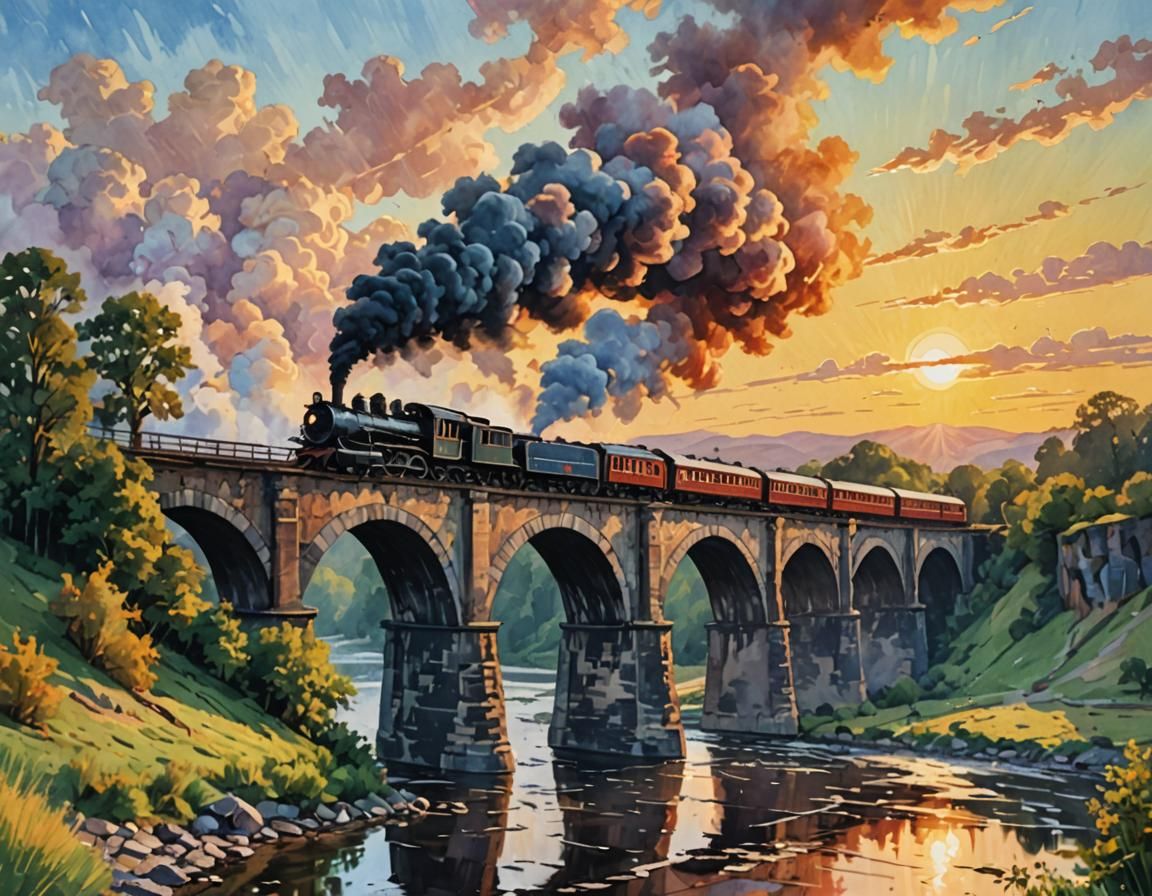 Steam Train on Iron Bridge: Gouache Impressionist Masterpiec...