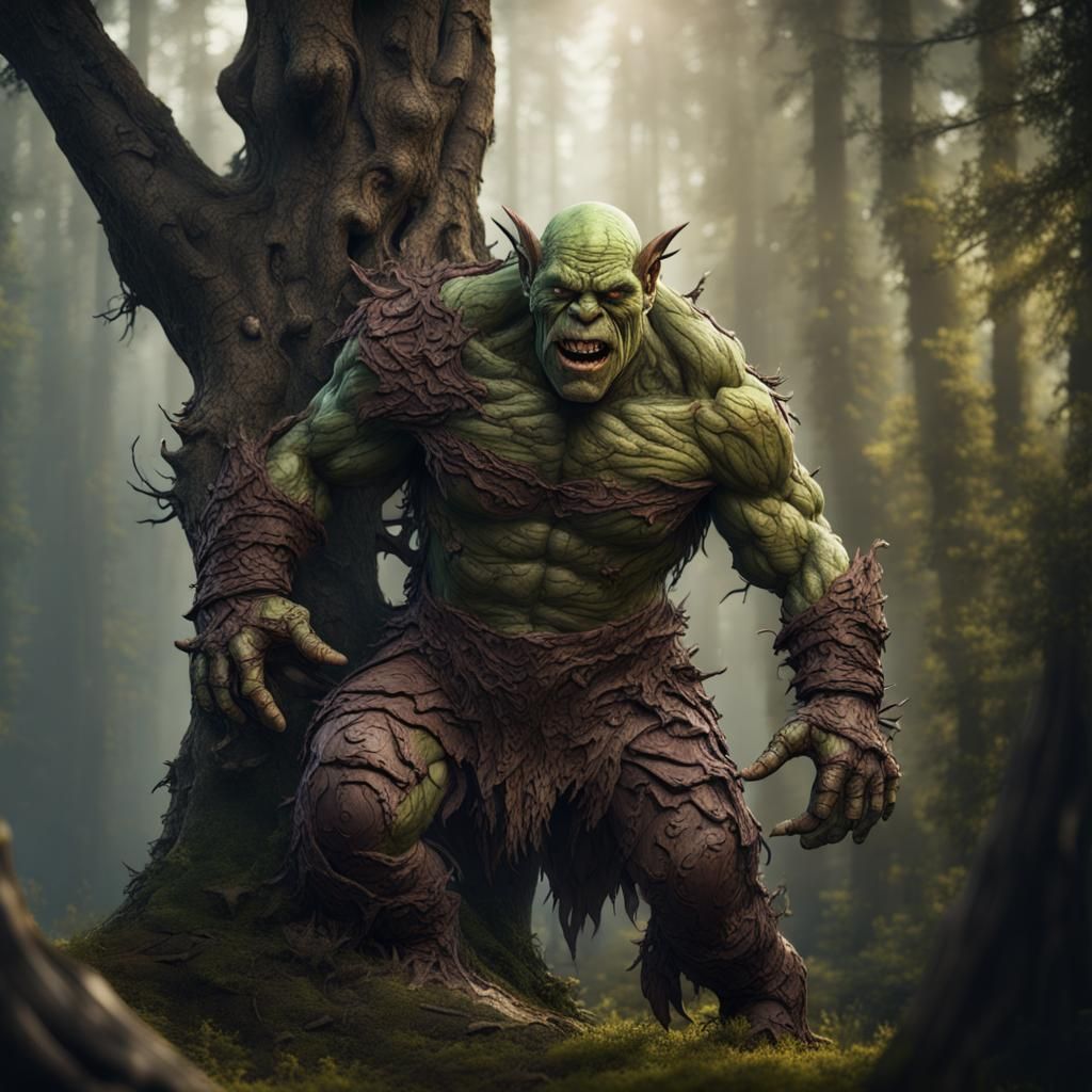 Tree Bark Orc in Forest, Fantasy Concept Art