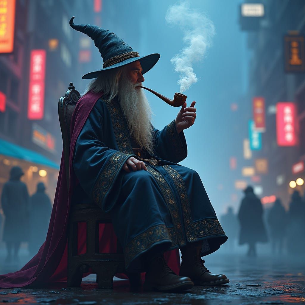 Gandalf in Night City Cyberpunk Splendor