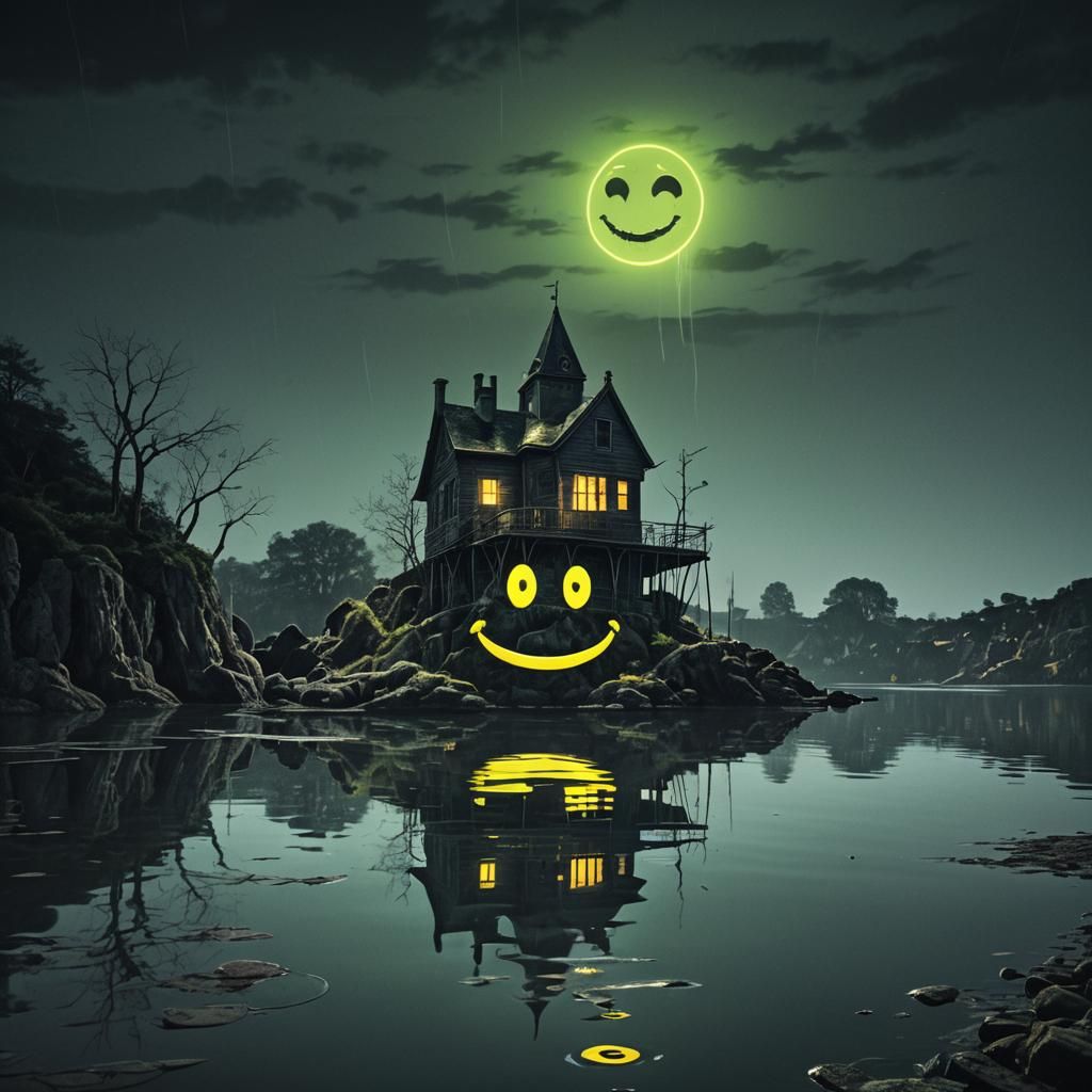Ghostly Neon Smiley Face Above Dark Surreal Waters