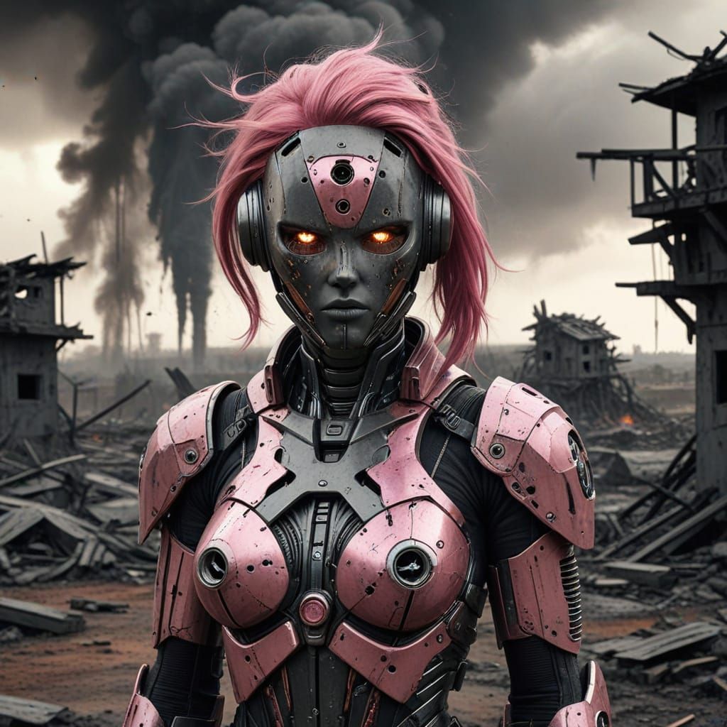 Pink-Haired Survivor in Battlefield Birdhouse, Vintage Sci-F...