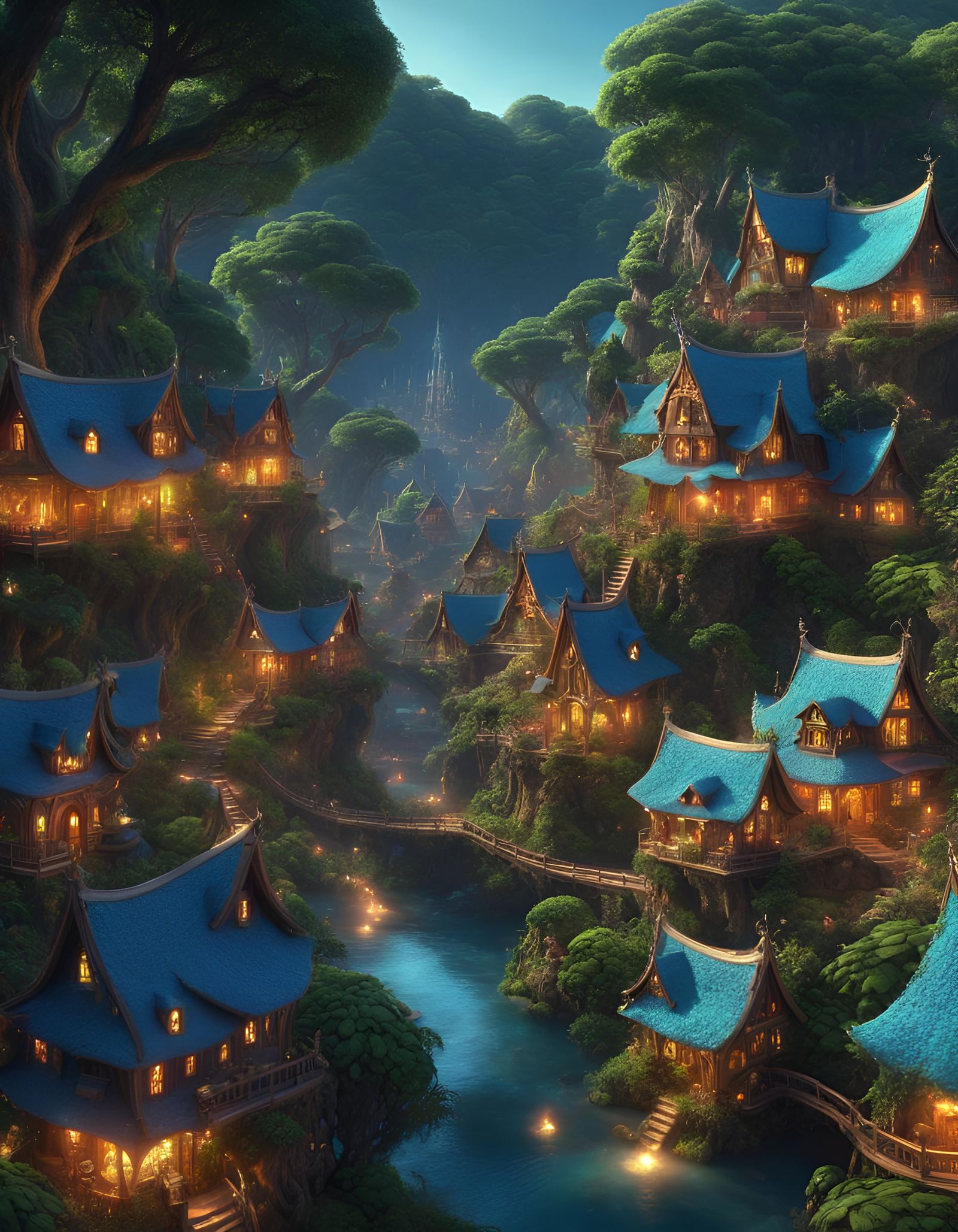 Enchanted Elven Village in Psychedelic Forest