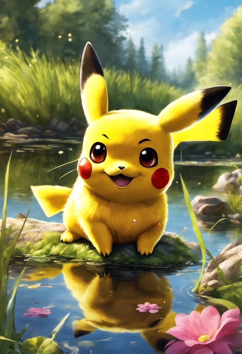 Pixar Pikachu Laughing by a Pond: Watercolor Splash Art