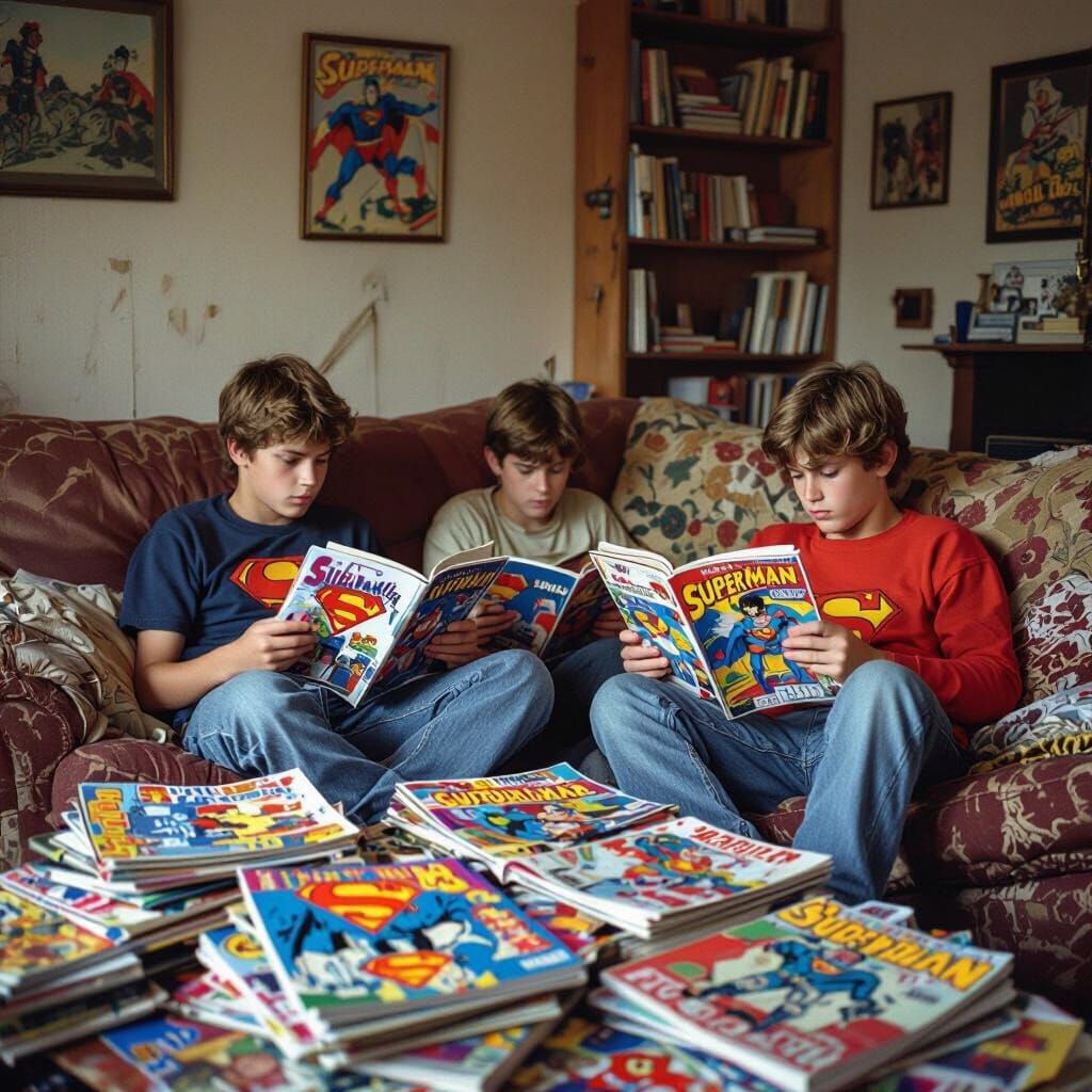 1970s Living Room Scene: Teen Boys Reading Superhero Magazin...