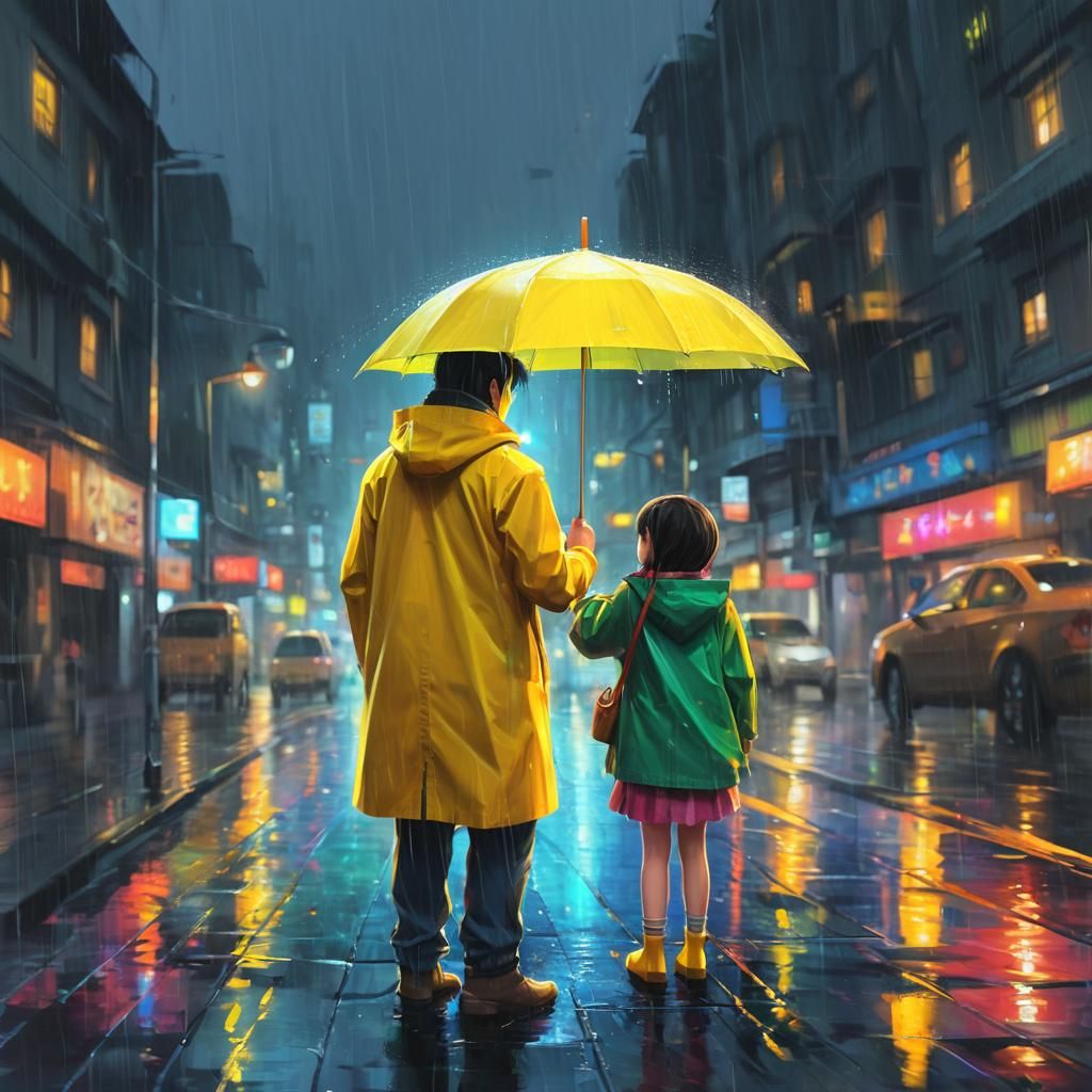 Anime Girl Helps Father in Rainy City Street