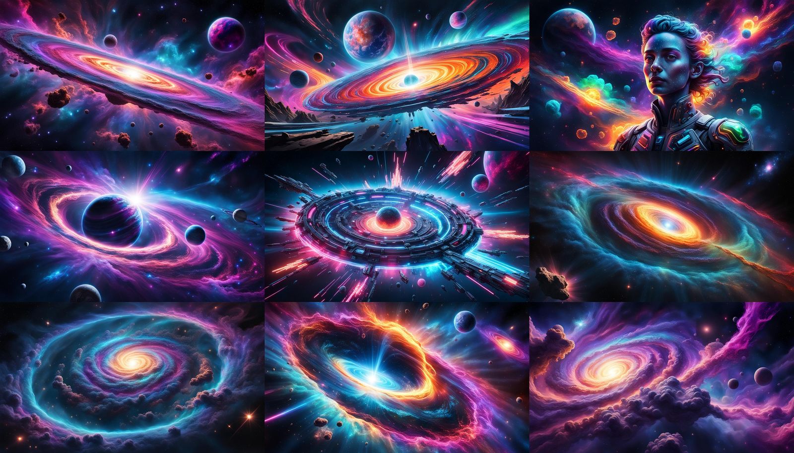 photo realistic quasar, with lots of neon colors, in an outer space backdrop
