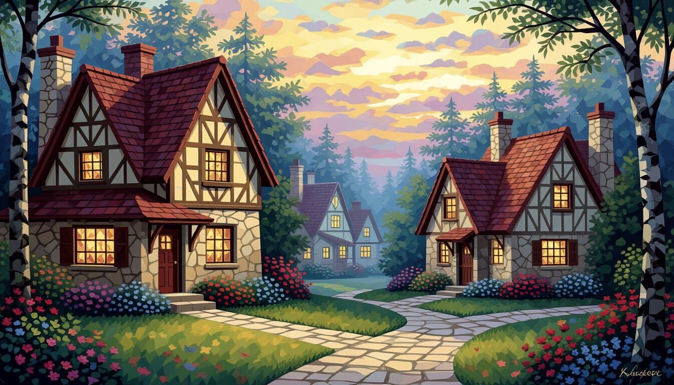 Ossified Lattice Houses in Kinkade Mosaic Style