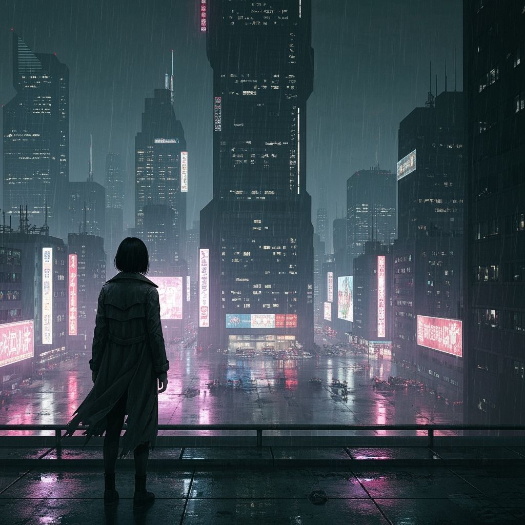 Woman Overlooks Cyberpunk City Rooftop at Night