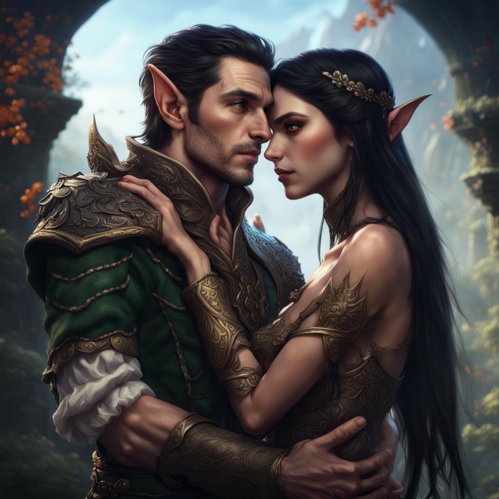Passionate Elf Embrace in Detailed Fantasy Art