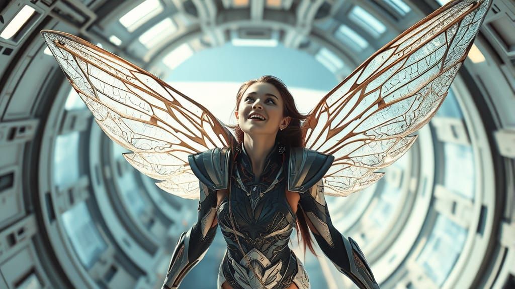 Cyborg Elf with Holographic Wings in Space Station