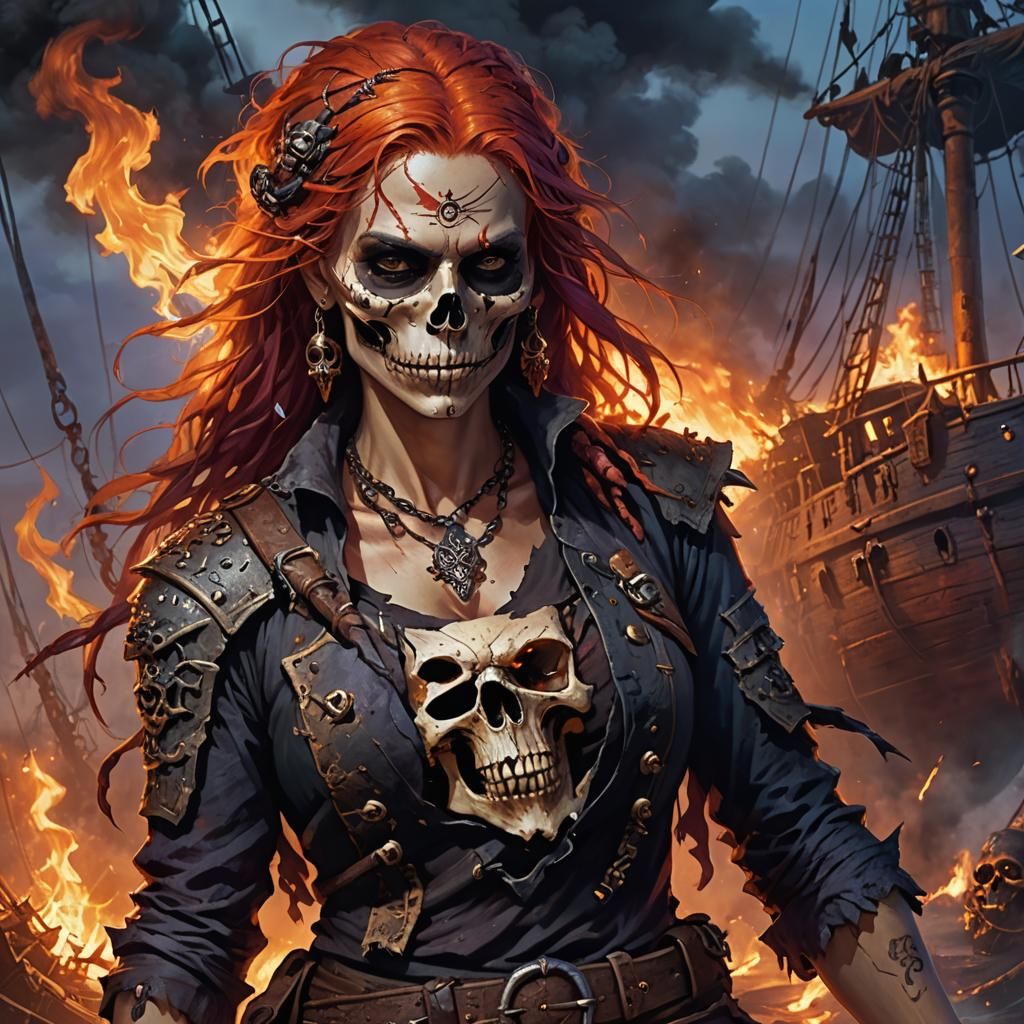 Pirate Woman with Skull Face in Dark Fantasy Art