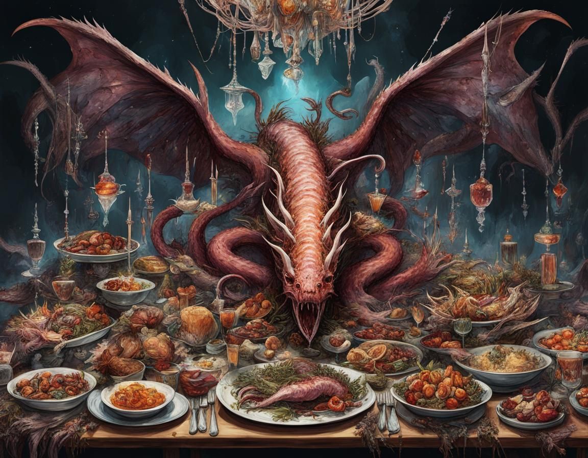 Witchy Feast: Roasted Sea Serpent Digital Painting