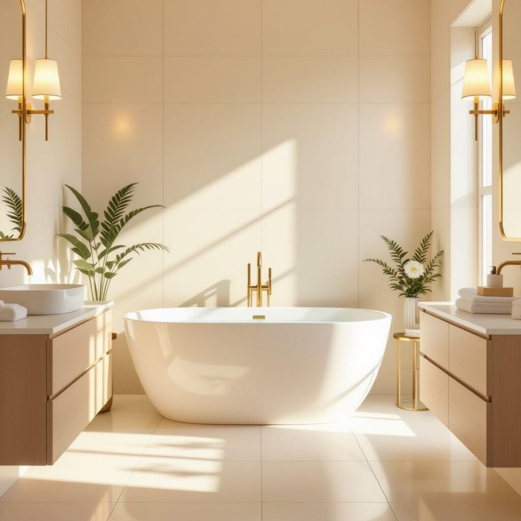 Luxurious Bathroom with Golden Light and Minimalist Style