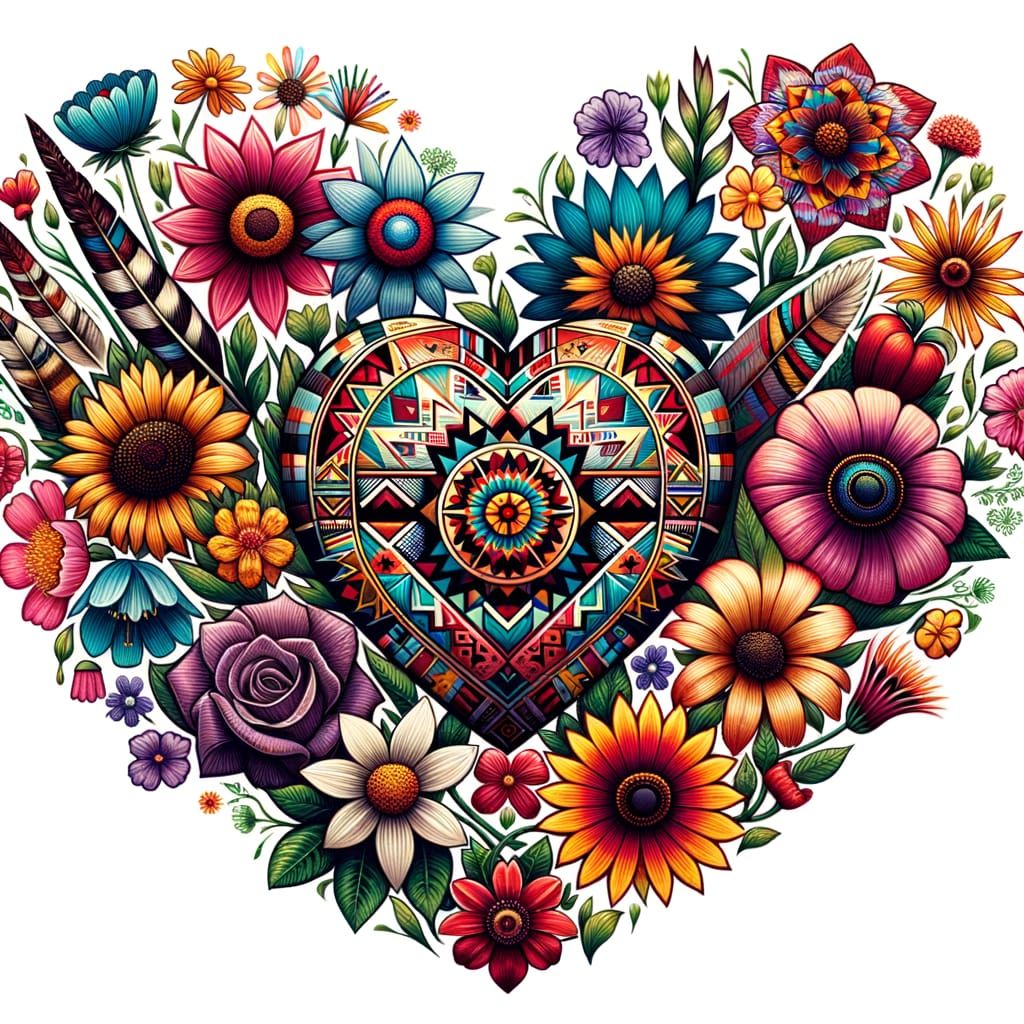 Native American Heart Symbol with Tribal Flowers