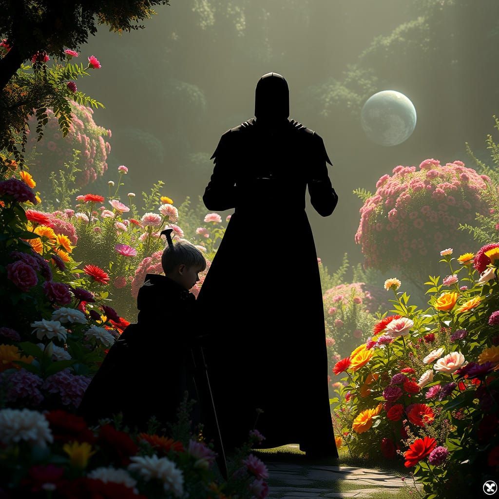 Dark Technological Knight Menaces Vibrant Royal Garden