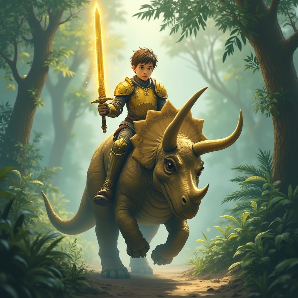 Knight Rides Armored Triceratops in Dreamlike Jungle