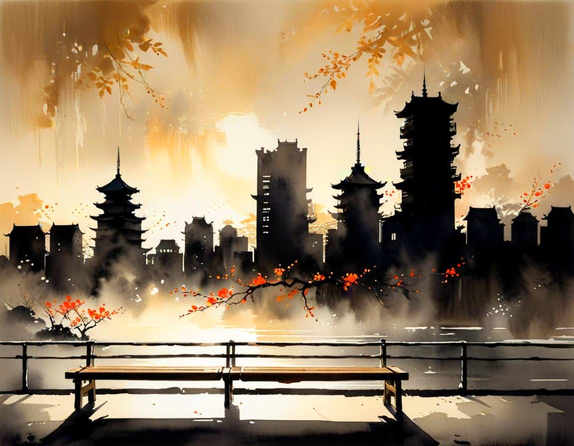 (a wooden bench in the middle of a city:1.5) Hokusai and Kanagawa and Yoji Shinkawa, red and tangerine dominant, fine-tu...