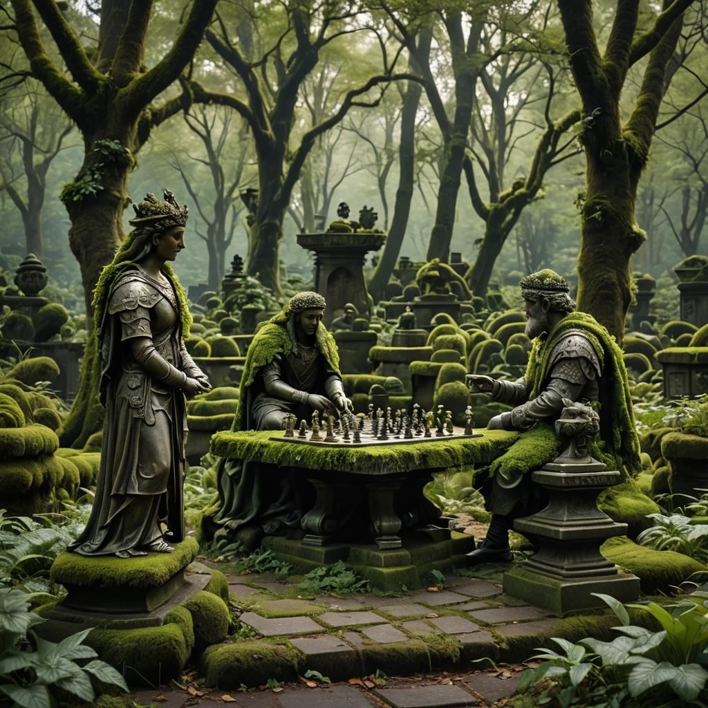 Abandoned Chessboard in Forest with Mossy Pieces