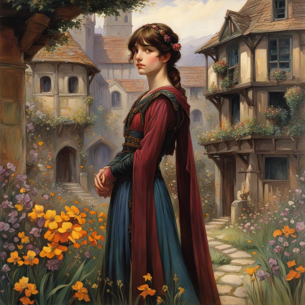 Medieval Garden Scene in Pre-Raphaelite Style