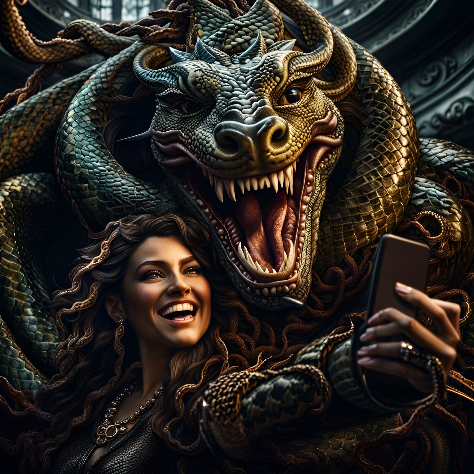 Medusa and Dragon Selfie in Dark Fantasy Style