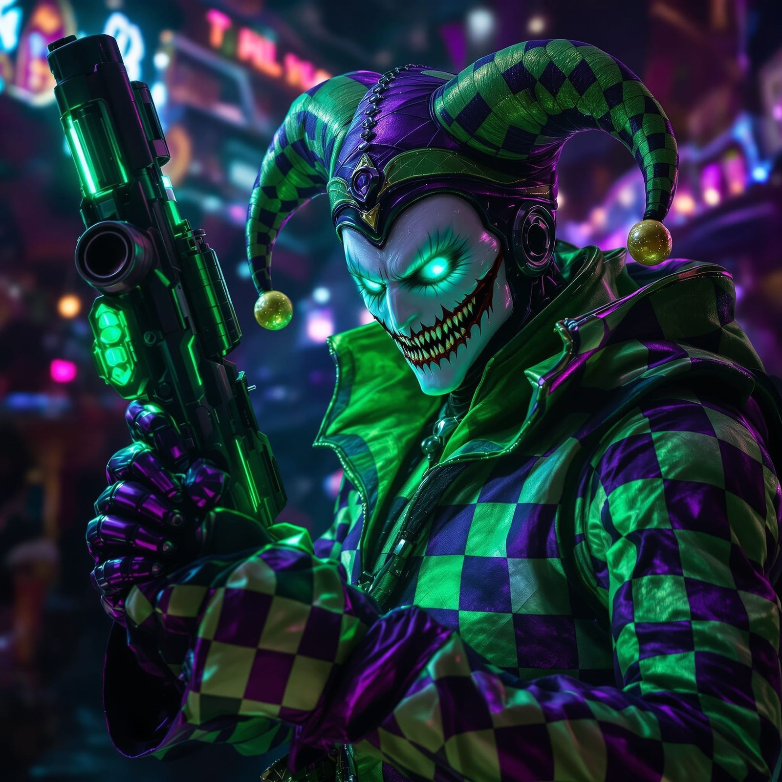 Sinister Cyberpunk Clown in Dark Carnival Setting