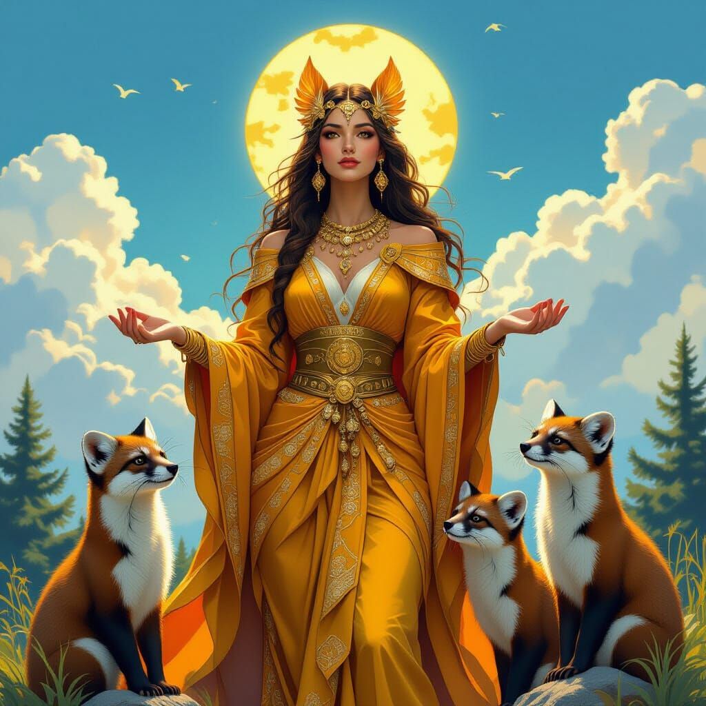 Forest Goddess in Gold with Pine Martens