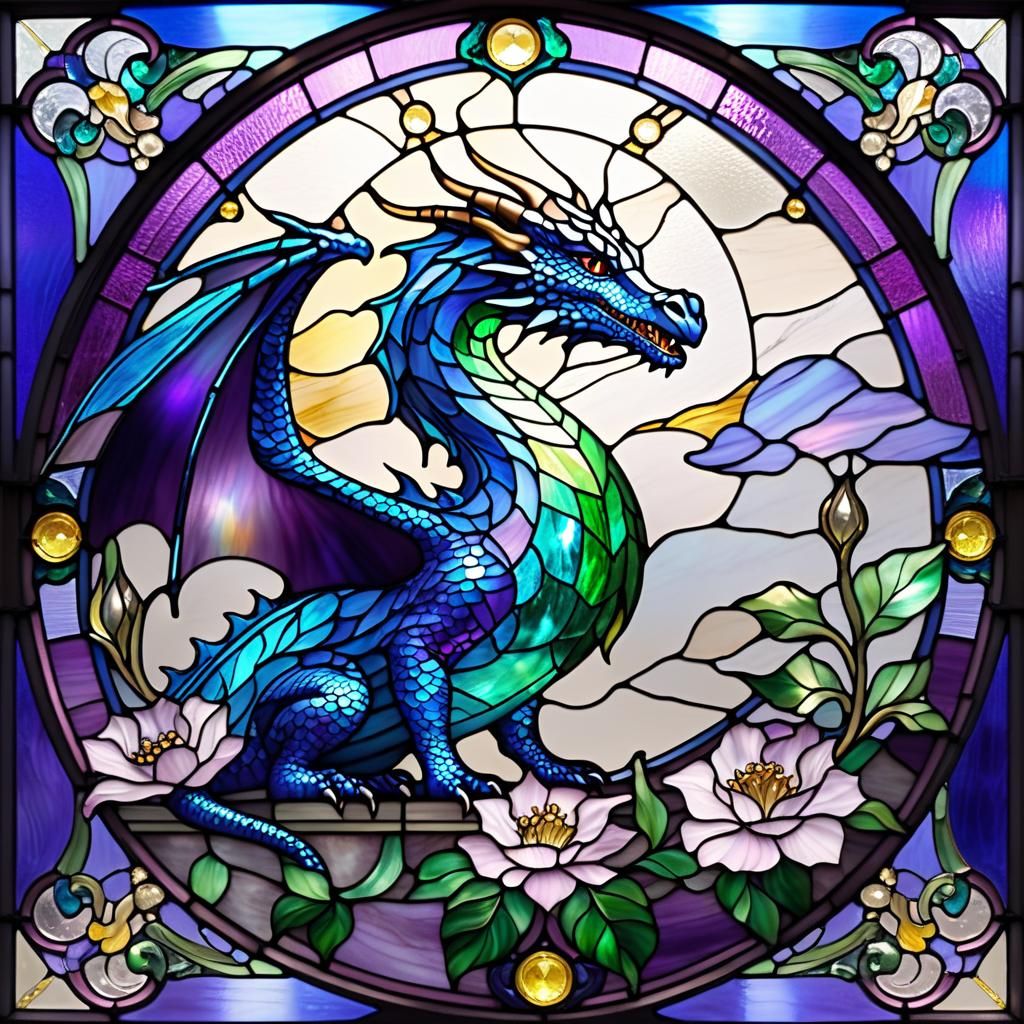 Iridescent Stained Glass Dragon in Art Deco Style