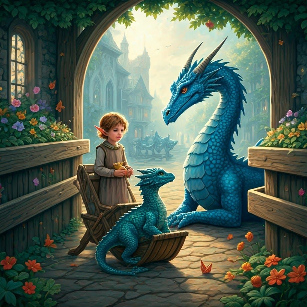 Whimsical Wooden Carousel Scene in Watercolor