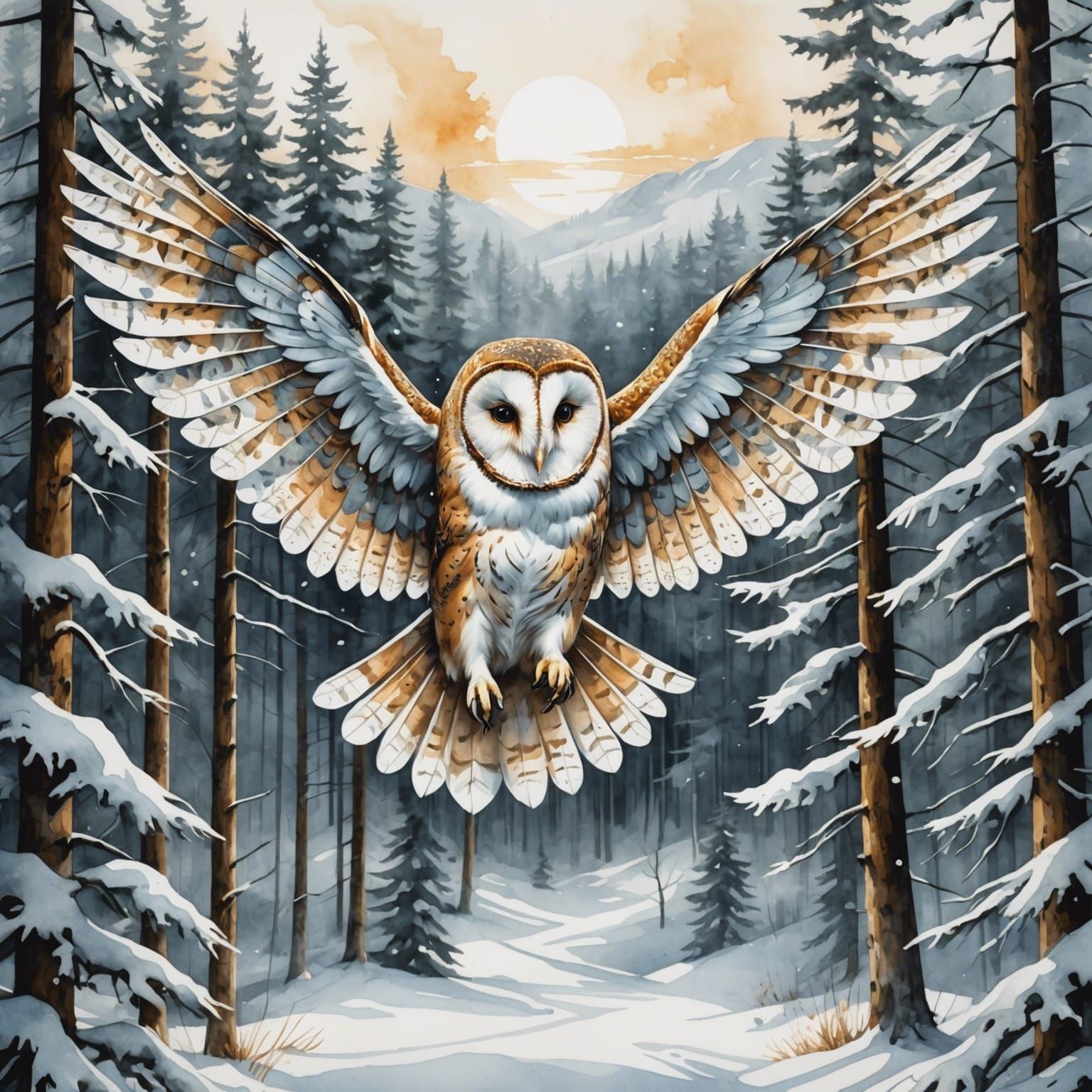 Owl Merged with Snowy Forest in Watercolor Illustration