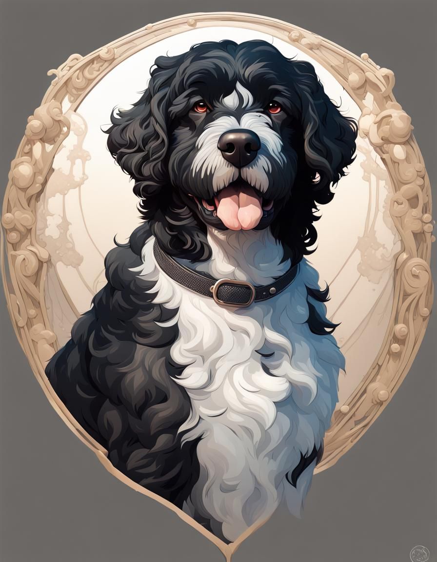 Black Portuguese Water Dog Portrait in Art Nouveau Style