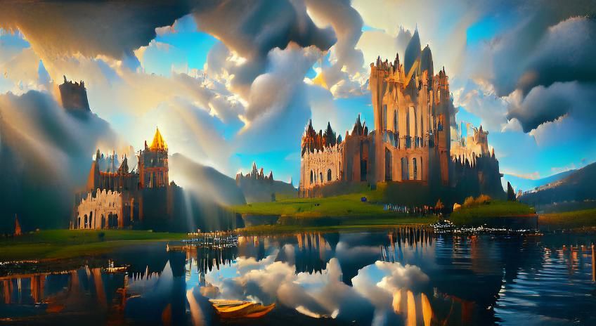 Fantasy Gothic Castle Reflected in Lake, Digital Art