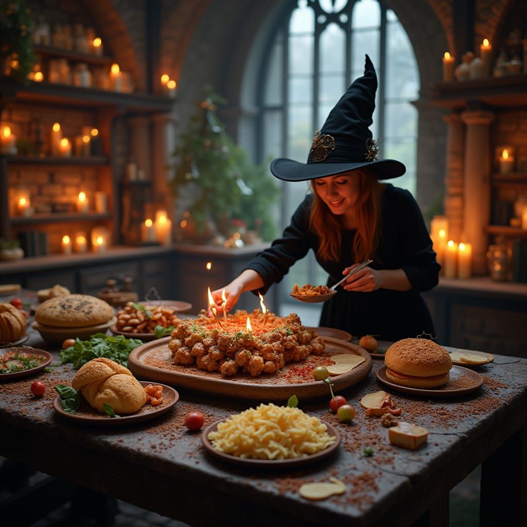 Magical Witch Serves Enchanted Feast in Castle
