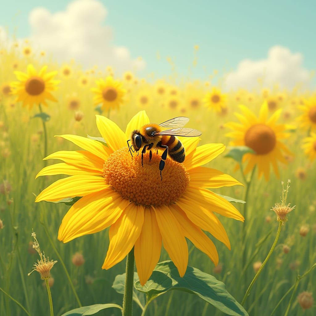 Surreal Honeybee Collects Nectar from Sunflower in Impressio...