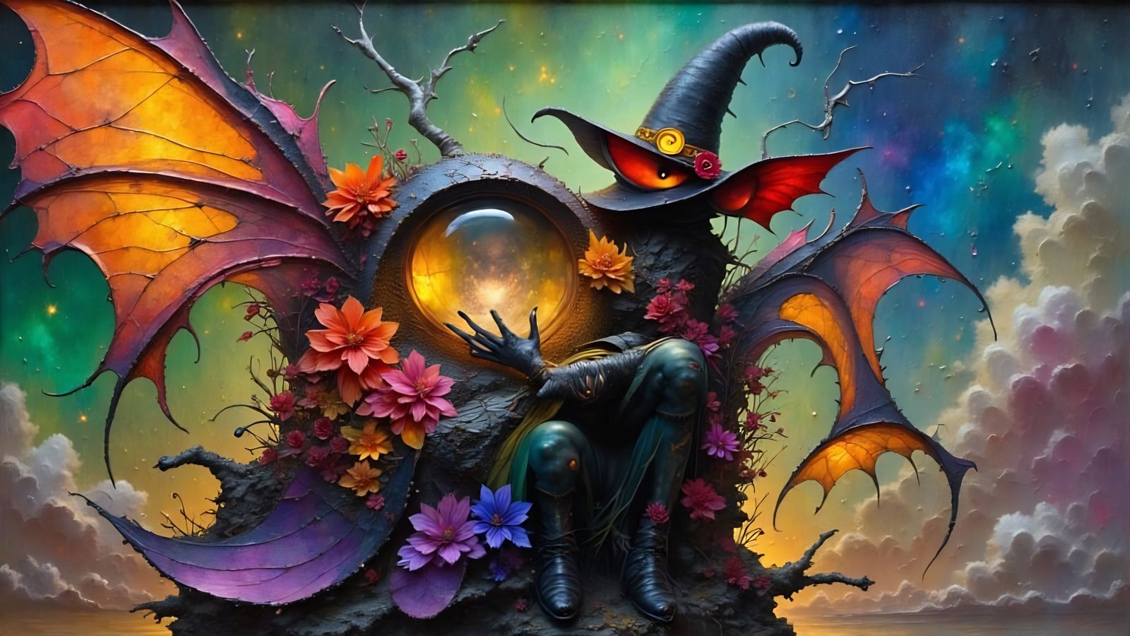 Victorian Devil Bat Wizard in Steampunk Dreamscape