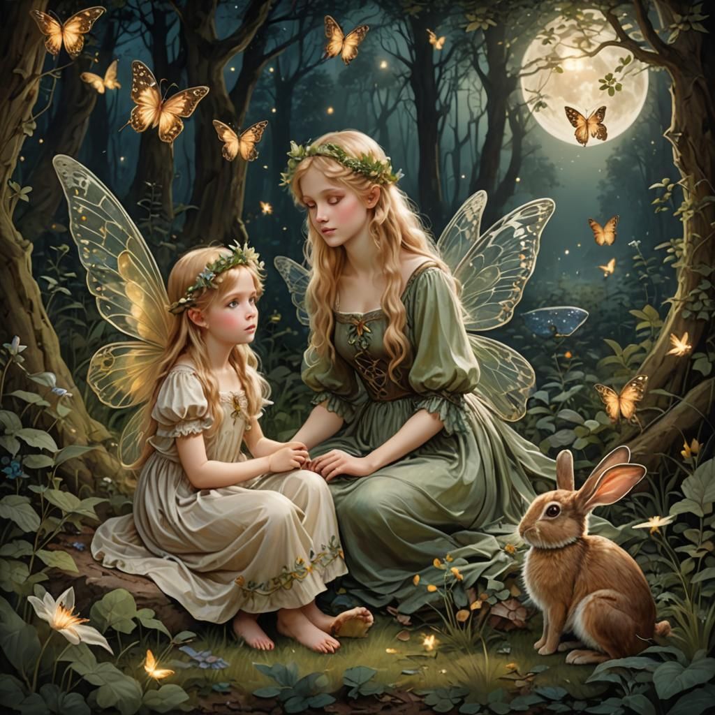 Fairies with Butterfly Wings in Moonlit Glade