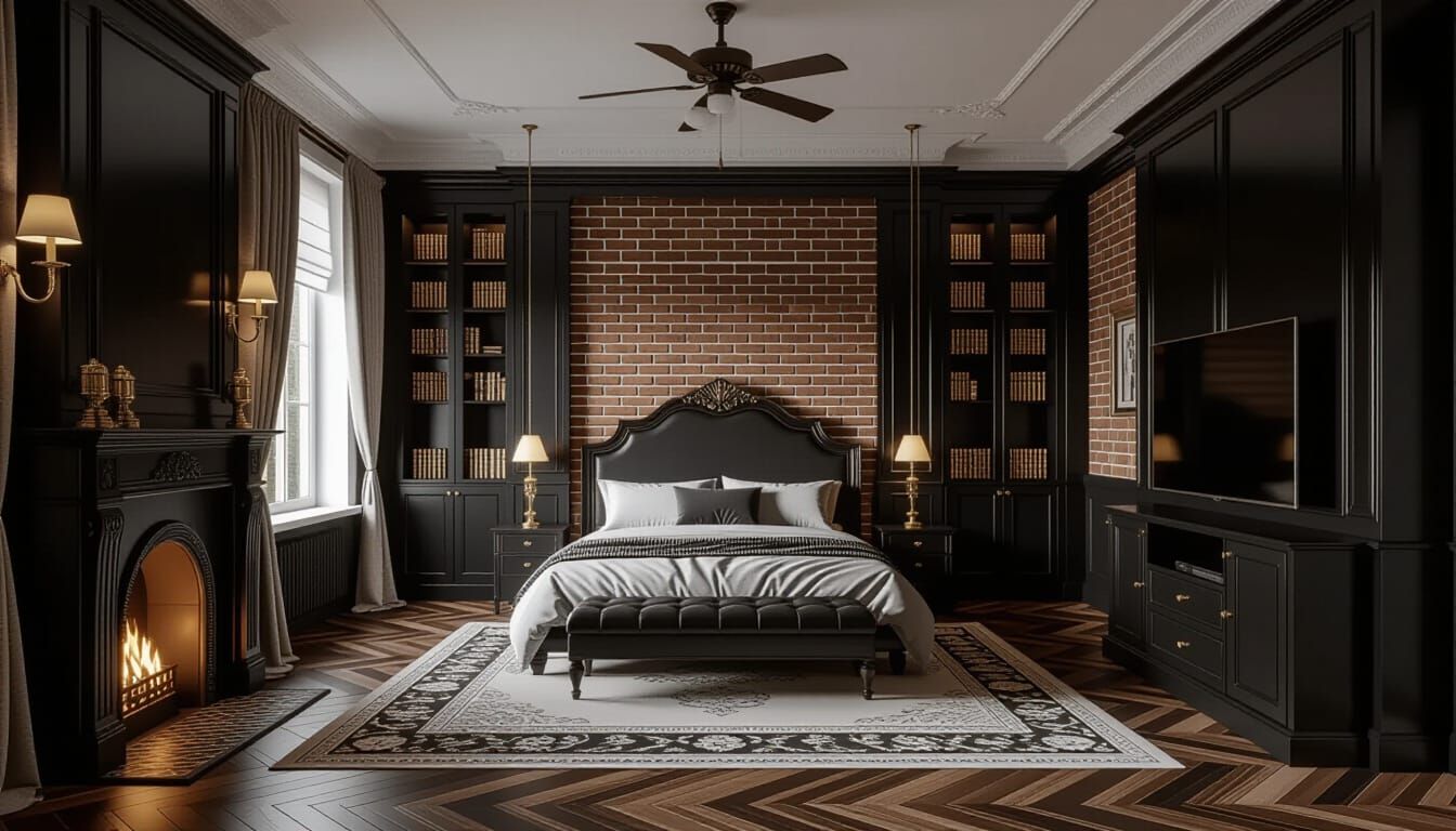 Elegant Victorian Bedroom with Black and Gold Accents