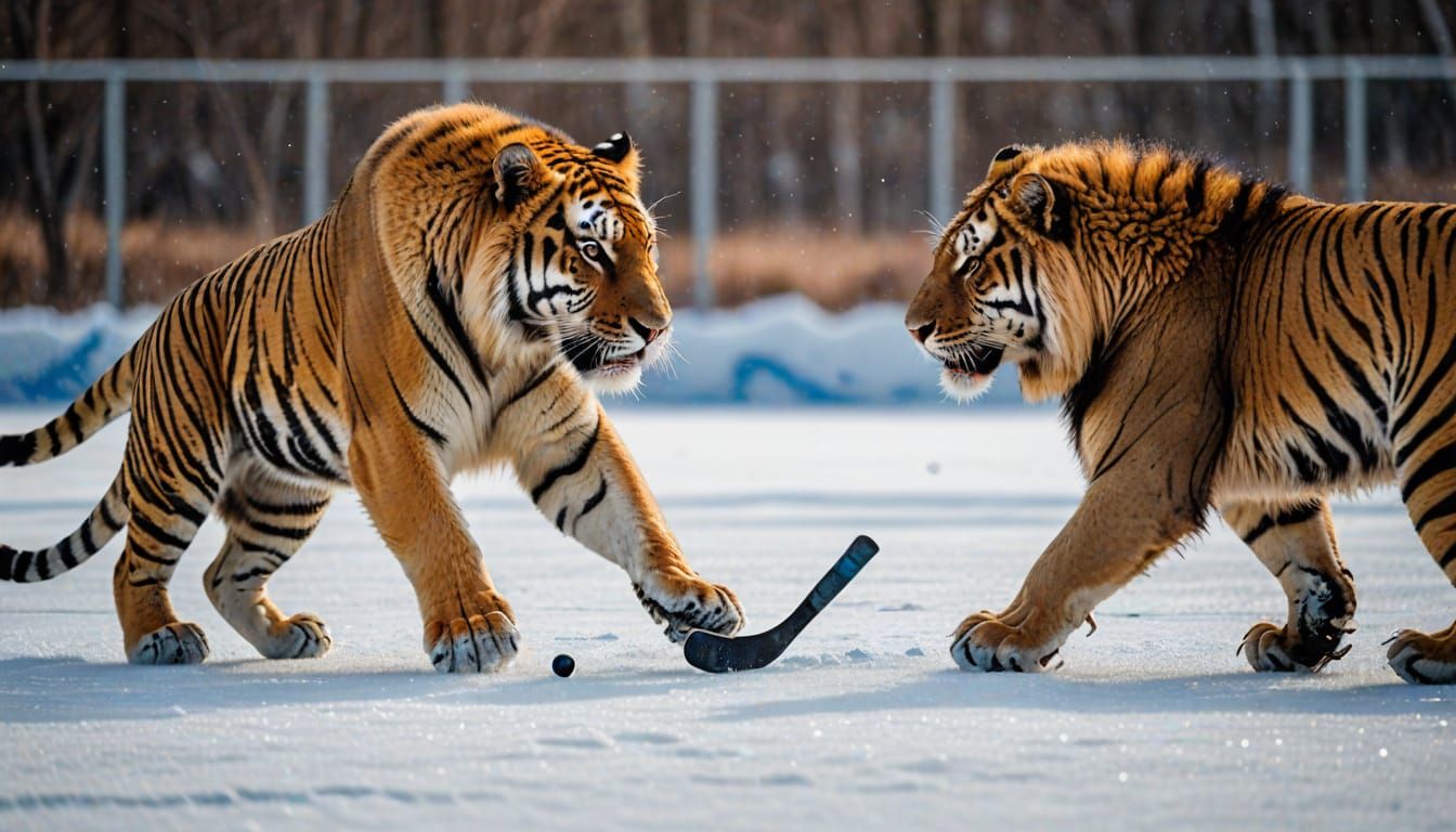 Tiger and Lion Play Hockey on Ice