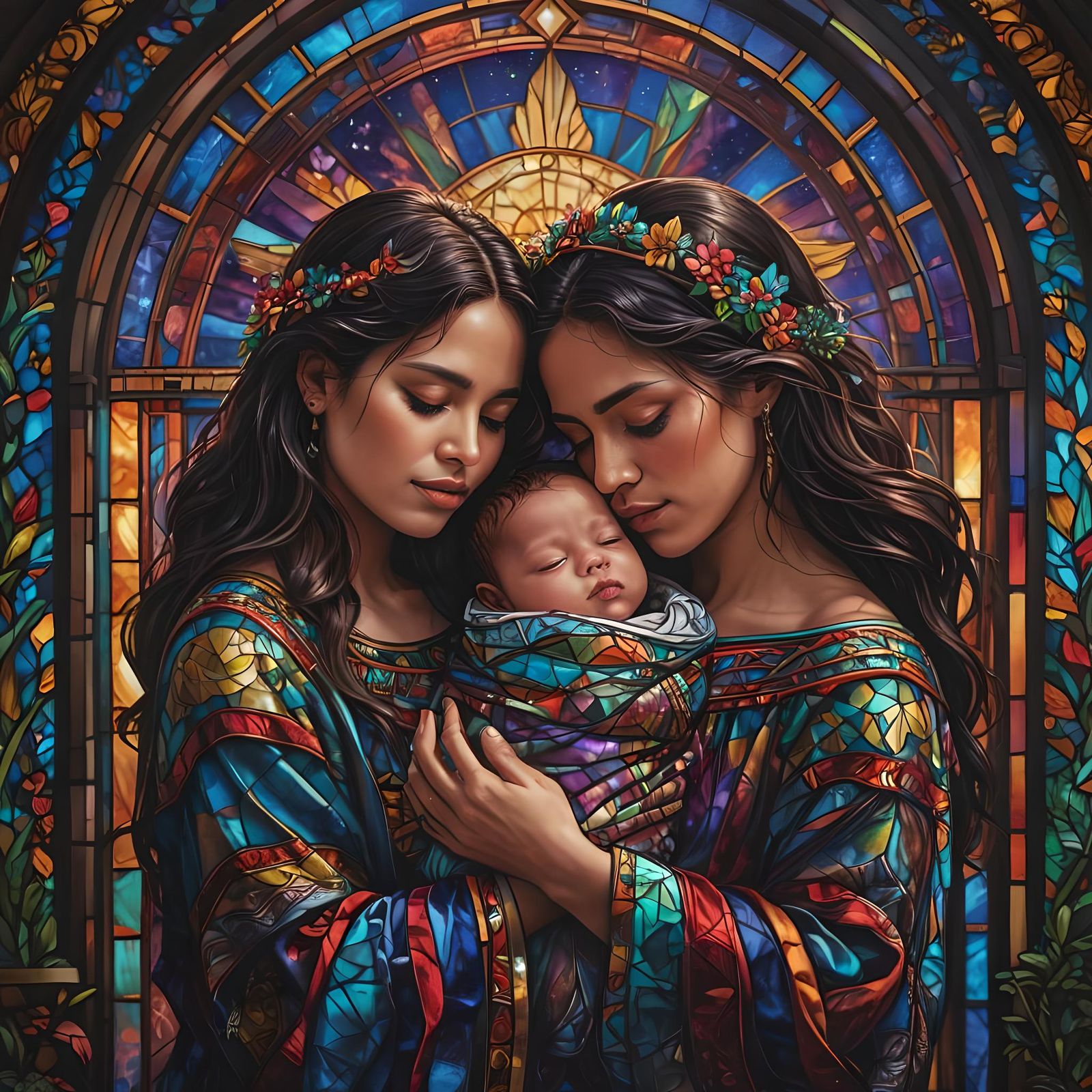 Mexican Lesbian Couple in Stained Glass Window with Newborn