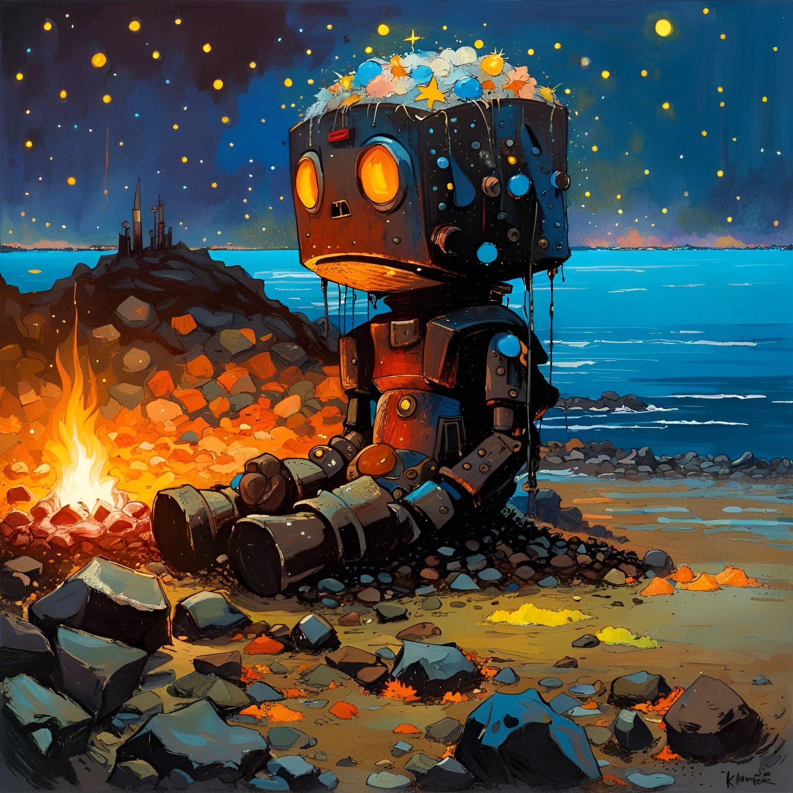 Sad Mud Golem Under Starry Night Sky