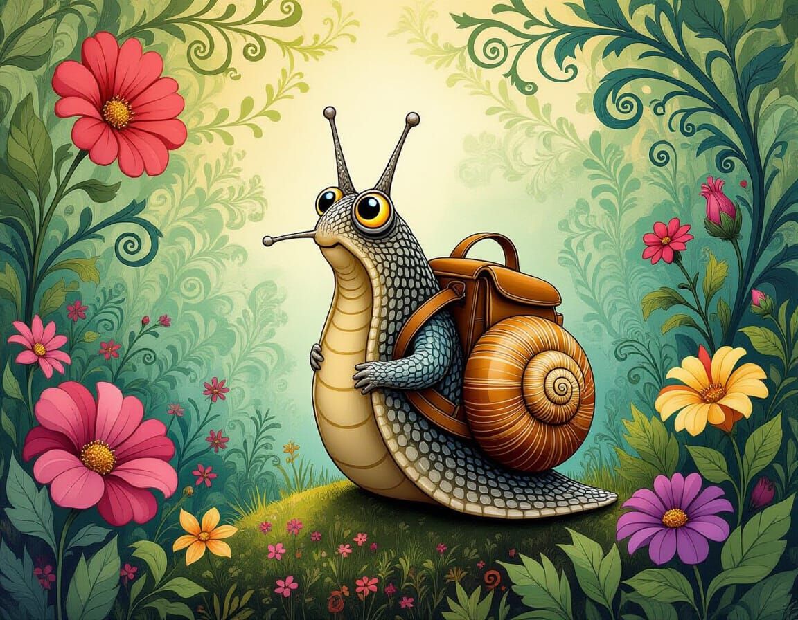 Whimsical Snail with Backpack in Enchanted Garden