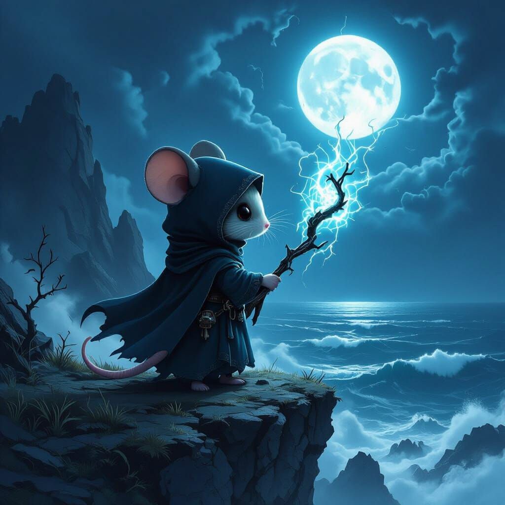 Chibi Mouse Mage on Cliff Overlooking Stormy Sea
