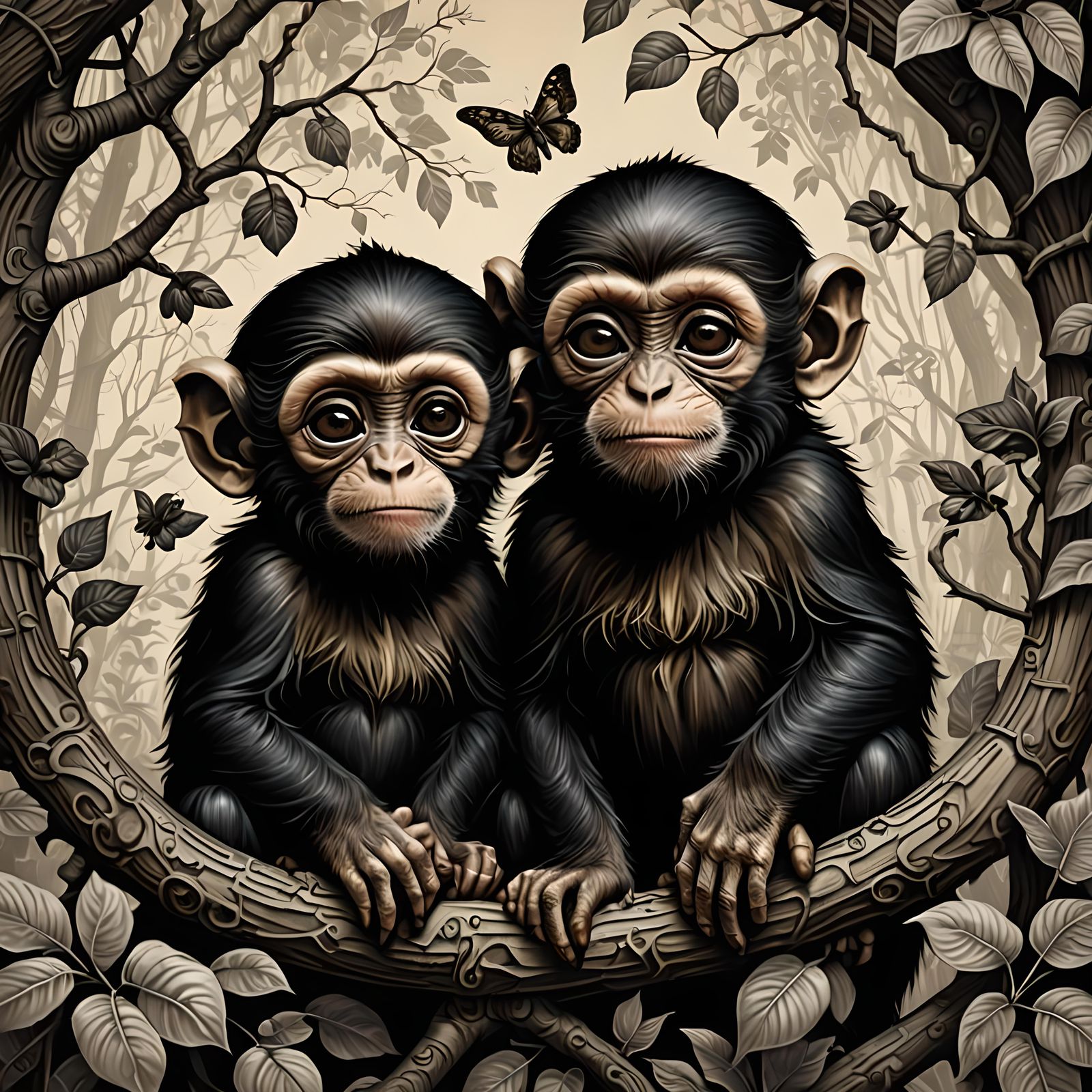Melancholic Baby Capuchins Tattoo Design Illustration