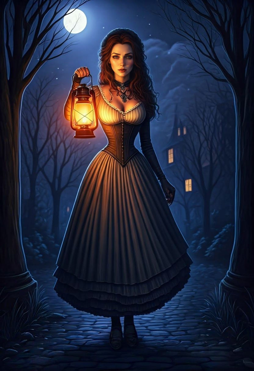 Mysterious Victorian Woman Strolls Under Fullmoon