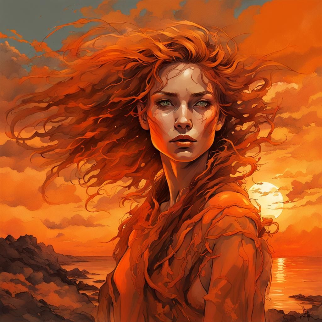 Orange Haired Woman Portrait in Detailed Splash Art